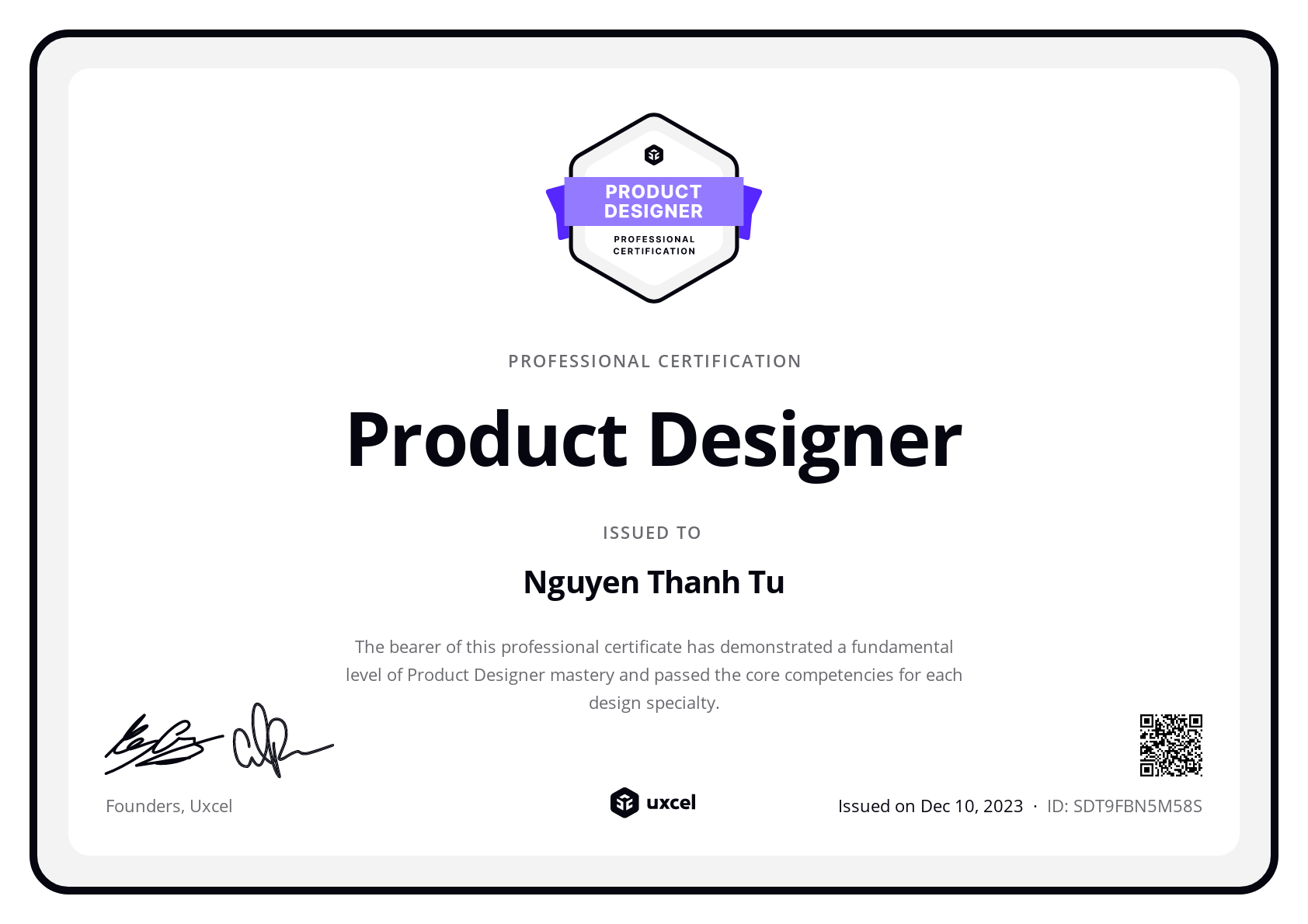 Nguyen Thanh Tu's certificate